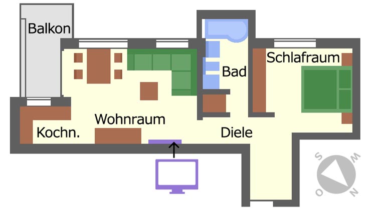 Grundriss Grundriss der FeWo mit Balkon, Kochnische, Wohnraum, Bad, Schlafzimmer und Diele